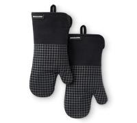 KITCHENAID Gourmet Series Gridlines Oven Mitts 2-Pack Set, Heat Resistant up to 600°F, Soft Silicone Grip, Magnetic Cuff, Matte Black, 7"x14"