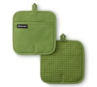 KITCHENAID Gourmet Series Gridlines Pot Holders 2-Pack Set, Heat Resistant up to 600°F, Soft Silicone Grip, Magnetic Cuff, Matcha Green, 8"x8"