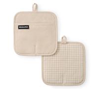 KITCHENAID Gourmet Series Gridlines Pot Holders 2-Pack Set, Heat Resistant up to 600°F, Soft Silicone Grip, Magnetic Cuff, Milkshake Tan, 8"x8"