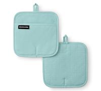 KITCHENAID Gourmet Series Gridlines Pot Holders 2-Pack Set, Heat Resistant up to 600°F, Soft Silicone Grip, Magnetic Cuff, Mineral Water Aqua, 8"x8"