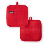 KITCHENAID Gourmet Series Gridlines Pot Holders 2-Pack Set, Heat Resistant up to 600°F, Soft Silicone Grip, Magnetic Cuff, Passion Red, 8"x8"