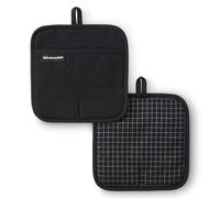 KITCHENAID Gourmet Series Gridlines Pot Holders 2-Pack Set, Heat Resistant up to 600°F, Soft Silicone Grip, Magnetic Cuff, Matte Black, 8"x8"