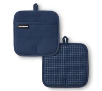 KITCHENAID Gourmet Series Gridlines Pot Holders 2-Pack Set, Heat Resistant up to 600°F, Soft Silicone Grip, Magnetic Cuff, Ink Blue, 8"x8"