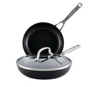 KitchenAid Hard Anodized Induction Nonstick Frying Pan Set with Lid, 3-Piece - 8 & 10 Inch Skillets, Durable, Even Heating, Dishwasher & Oven Safe, Easy-Clean, Matte Black