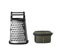 KitchenAid KN300OSOBA Gourmet 4-Sided Stainless Steel Box Grater for Fine, Medium and Coarse Grate, and Slicing, Detachable 3 Cup Storage Container and Measurment Markings, Dishwasher Safe, Black