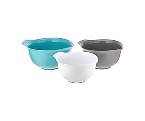KitchenAid Universal Nesting Plastic Mixing Bowls, Set of 3, 2.5 Quart, 3.5 Quart, 4.5 Quart, Non Slip Base with Easy Pour Spout to Reduce Mess, Dishwasher Safe, Aqua Sky, White, Gray
