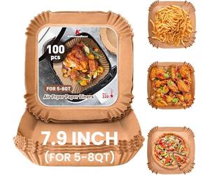 KitchenBoss 100Pcs Air Fryer Liners: 8Inch/20cm Square Airfryer Liner Disposable, Non-Stick, Greaseproof, Food Grade Paper for Air Fryer Baskets, Compatible with Ninja, Tower, Cosori