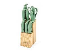 KitchenCraft 14 Piece Knife Block Set, 7 Multi-Purpose Knives, 6 Steak Knives & Kitchen Scissors in Wooden Block, Green Handles, Complete Kitchen Prep Set for Cooking and Meal Prep