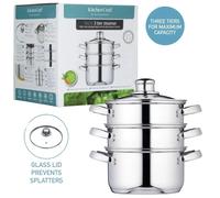 KitchenCraft 3 Food Steamer Pan/Stock Pot, Food Steamer 3 tier, Induction Safe, Stainless Steel, in Gift Box, 16 cm (6''), Silver