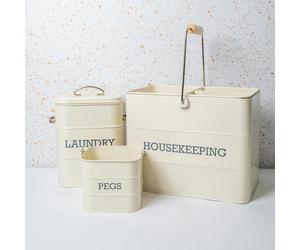 KitchenCraft 3pc Antique Cream Laundry Set with Housekeeping Tin, Laundry Tin and Peg Tin
