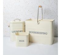 KitchenCraft 3pc Antique Cream Laundry Set with Housekeeping Tin, Laundry Tin and Peg Tin - Cream - Carbon Steel - Cleaning