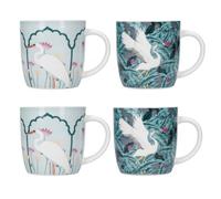KitchenCraft Oriental Exotic Crane Set 4 Stoneware Barrel Coffee Mugs,Green,425ml