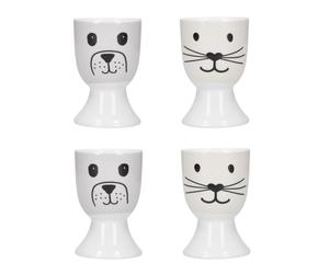 KitchenCraft 4pcs. Ceramic Egg Cup Holder Smiley Dog/Cat Face Design White