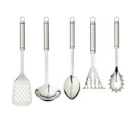 KitchenCraft 5pc Oval-Handled Stainless Steel Kitchen Utensils Set - Masher, Large Ladle, Spaghetti Server, Slotted Turner & Cooking Spoon - Silver - Stainless Steel