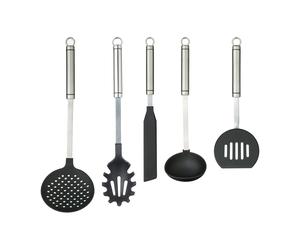 KitchenCraft 5pc Oval-Handled Stainless Steel Kitchen Utensils Set - Spaghetti Server, Spatula, Half-Round Turner, Skimmer & Ladle - Silver - Stainless Steel