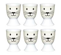 KitchenCraft 6 Piece Cat Face Porcelain Egg Cup Set | 6.5cm Boiled Egg Holders, Footed Base, Set of 6 Cups for Boiled Eggs, Dishwasher Safe, Microwave Safe