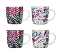 Kitchen Craft Stoneware Barrel Coffee Mugs – Exotic Floral/Chevron – 425 ml – Set of 4 – Multicolor