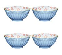 KitchenCraft Ceramic Bowl Set with Embossed/Diamond Medallion Pattern, Stoneware, Blue/Red,15.5 cm, Set of 4 Bowls