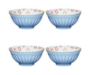 KitchenCraft Ceramic Bowl Set with Embossed/Diamond Medallion Pattern, Stoneware, Blue/Red,15.5 cm, Set of 4 Bowls