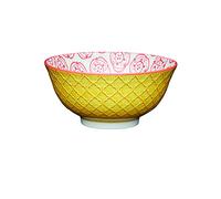 KitchenCraft Ceramic Bowl Set with Tile/Mandala Pattern, Stoneware, Yellow/White, 15.5 cm, Set of 4 Bowls