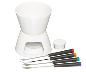 KitchenCraft Ceramic Chocolate Fondue Set with Stainless Steel Forks | Colour-Coded Fondue Forks, Suitable for Chocolate and Cheese, Powered by Tealight Candle, Dishwasher Safe