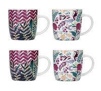 Kitchen Craft Stoneware Barrel Coffee Mugs – Exotic Floral/Chevron – 425 ml – Set of 4 – Multicolor