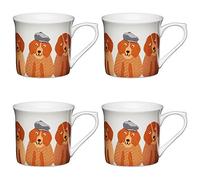 KitchenCraft Fine Bona China 'Dogs' Fluted Printed Animal Mugs, 300 ml - Multi-Colour (Set of 4)