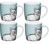 KitchenCraft Fine Bone China 'Fox' Barrel-Shaped Printed Animal Mugs, 425 ml - Teal (Set of 4)