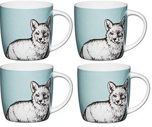 KitchenCraft Fine Bone China 'Fox' Barrel-Shaped Printed Animal Mugs, 425 ml - Teal (Set of 4)