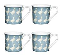 KitchenCraft Fine Bone China 'Geese' Fluted Patterned Bird Mugs, 300 ml - Blue-Grey (Set of 4)