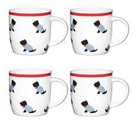 KitchenCraft Fine Bone China 'Sitting Westies' Dog-Patterned Barrel Mugs, 425 ml - White (Set of 4)