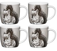KitchenCraft Fine Bone China 'Squirrel' Barrel-Shaped Printed Animal Mugs, 425 ml - Grey (Set of 4)