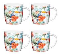 KitchenCraft Fine Bone China 'Toucan' Barrel-Shaped Printed Bird Mugs, 425 ml - Multi-Colour (Set of 4)