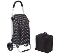 KitchenCraft Foldable Shopping Trolley on Wheels with Removable Cool Bag for Frozen Foods, Robust Metal and Showerproof Polyester, 45 x 33 x 100 cm, Black Polka Dot Print