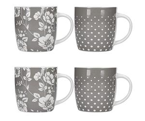 KitchenCraft Grey Flower & Spots Set of 4 Stoneware, Polka Dots, Barrel Coffee Mugs 425ml
