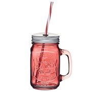 KitchenCraft Home Made Coloured Glass Drinks Jar with Screw Lids and Reusable Plastic Straws 450ml