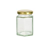 KitchenCraft Home Made Hexagonal Jar, 227ml Glass Jam Jar with Lid, Clear Glass Jar for use with Jams, Honey, Pickles Chutneys