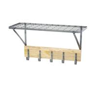 KitchenCraft Industrial Wall Shelf 34cm Metal Wood Rack with 5 Hooks