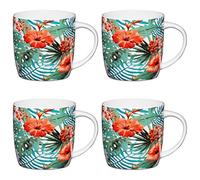 KitchenCraft Jungle Floral-Printed Barrel Mugs, China, Multi-Colour, 425 ml, Set of 4,AMZKCMBAR131SET4