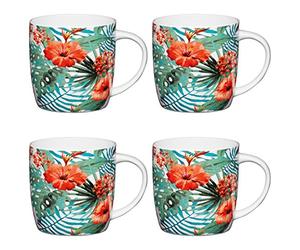 KitchenCraft Jungle Floral-Printed Barrel Mugs, China, Multi-Colour, 425 ml, Set of 4,AMZKCMBAR131SET4