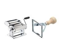 KitchenCraft KCMACH2 World of Flavours Pasta Machine, Stainless Steel, Silver & KitchenCraft WFITRAVCUTSQ World of Flavours Square Ravioli Cutter, 7 x 7 x 11.5 cm, Silver/Beige