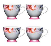KitchenCraft Large Floral Border Footed Printed Flower Mugs, China, Grey/Pink, 4 Count (Pack of 1)