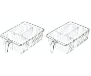 KitchenCraft Large Plastic Fridge & Cupboard Storage Basket with 3 Compartments, Clear Kitchen Organiser with Handle for Fridge or Cupboards, 31 x 20.5 x 9cm (Pack of 2)