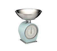 KitchenCraft Living Nostalgia Mechanical Kitchen Scale with Bowl in Gift Box, Scale made of Cast Iron with Acacia Wood Stand, Vintage Blue