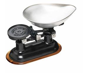 KitchenCraft Living Nostalgia Mechanical Kitchen Scale with Bowl in Gift Box, Scale made of Cast Iron with Acacia Wood Stand, Black