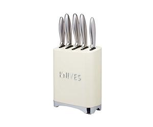 KitchenCraft Lovello Retro 5-Piece Stainless Steel Knife Set and Knife Block - Vanilla Cream, 19 x 1 x 24.5 cm