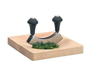 KitchenCraft Mezzaluna Chopper and Wooden Chopping Board, Stainless Steel Double Blade Knife/Wood, 2 Piece Set, Silver/Black