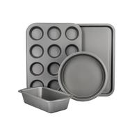 KitchenCraft Non-Stick Baking Set, 4-Piece Bakeware Set Including Loaf Tin, Round Cake Tin, Rectangular Baking Tray and Muffin Tray, Carbon Steel, Gift Boxed