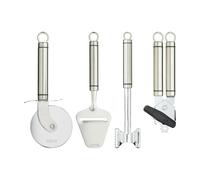 KitchenCraft Oval Handled Professional Stainless Steel Kitchen Tools, 4pc Set - Cheese Planer, Pizza Cutter, Meat Tenderiser Hammer and Tin Opener - Silver - Stainless Steel - Tools
