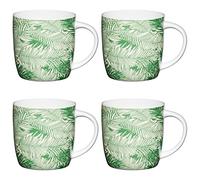 KitchenCraft Palms Barrel Shaped Printed Botanical Mugs, China, Green/White, 425 ml, Set of 4, AMZKCMBAR136SET4